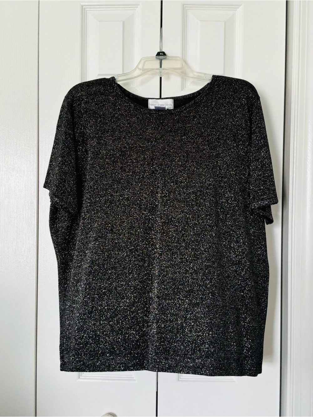 Susan Graver Style Women’s Short Sleeve Black Silver Sparkle Knit Top 1X
